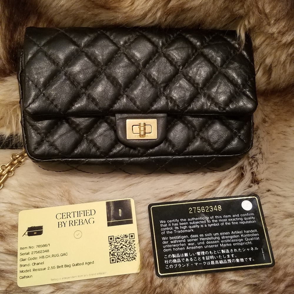 Chanel Reissue 2.55 Belt Bag Black w/Aged Gold Hardware Authenticated by Rebag